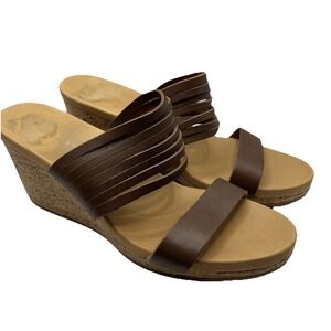Teva Arrabelle Women's Sz 10 Brown Leather Cork Wedge Slide Sandals Heel